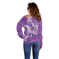 Purple Polynesia Hammerhead Shark Tattoo With Plumeria Lei Off Shoulder Sweater