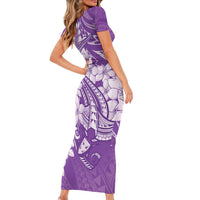 Purple Polynesia Hammerhead Shark Tattoo With Plumeria Lei Short Sleeve Bodycon Dress LT14 - Polynesian Pride