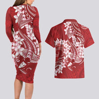 Red Polynesia Hammerhead Shark Tattoo With Plumeria Lei Couples Matching Long Sleeve Bodycon Dress and Hawaiian Shirt