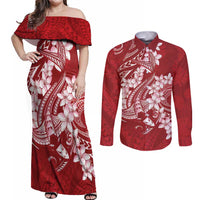 Red Polynesia Hammerhead Shark Tattoo With Plumeria Lei Couples Matching Off Shoulder Maxi Dress and Long Sleeve Button Shirt LT14 Red - Polynesian Pride