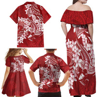 Red Polynesia Hammerhead Shark Tattoo With Plumeria Lei Family Matching Off Shoulder Maxi Dress and Hawaiian Shirt