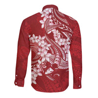 Red Polynesia Hammerhead Shark Tattoo With Plumeria Lei Long Sleeve Button Shirt LT14 - Polynesian Pride