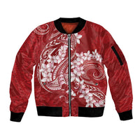 Red Polynesia Hammerhead Shark Tattoo With Plumeria Lei Sleeve Zip Bomber Jacket