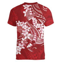 Red Polynesia Hammerhead Shark Tattoo With Plumeria Lei Women V-Neck T-Shirt