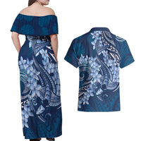 Navy Blue Polynesia Hammerhead Shark Tattoo With Plumeria Lei Couples Matching Off Shoulder Maxi Dress and Hawaiian Shirt