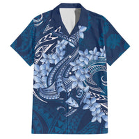Navy Blue Polynesia Hammerhead Shark Tattoo With Plumeria Lei Family Matching Off The Shoulder Long Sleeve Dress and Hawaiian Shirt