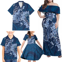 Navy Blue Polynesia Hammerhead Shark Tattoo With Plumeria Lei Family Matching Off Shoulder Maxi Dress and Hawaiian Shirt