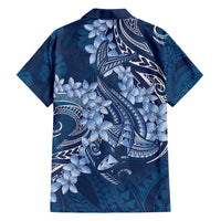Navy Blue Polynesia Hammerhead Shark Tattoo With Plumeria Lei Family Matching Puletasi and Hawaiian Shirt