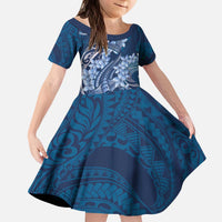 Navy Blue Polynesia Hammerhead Shark Tattoo With Plumeria Lei Kid Short Sleeve Dress
