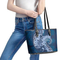 Navy Blue Polynesia Hammerhead Shark Tattoo With Plumeria Lei Leather Tote Bag