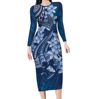Navy Blue Polynesia Hammerhead Shark Tattoo With Plumeria Lei Long Sleeve Bodycon Dress