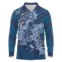 Navy Blue Polynesia Hammerhead Shark Tattoo With Plumeria Lei Long Sleeve Polo Shirt