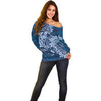 Navy Blue Polynesia Hammerhead Shark Tattoo With Plumeria Lei Off Shoulder Sweater LT14 - Polynesian Pride