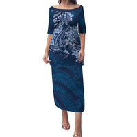 Navy Blue Polynesia Hammerhead Shark Tattoo With Plumeria Lei Puletasi