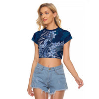 Navy Blue Polynesia Hammerhead Shark Tattoo With Plumeria Lei Raglan Cropped T Shirt