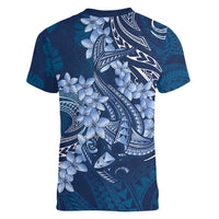 Navy Blue Polynesia Hammerhead Shark Tattoo With Plumeria Lei Women V-Neck T-Shirt