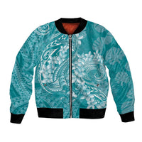 Teal Polynesia Hammerhead Shark Tattoo With Plumeria Lei Bomber Jacket
