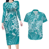 Teal Polynesia Hammerhead Shark Tattoo With Plumeria Lei Couples Matching Long Sleeve Bodycon Dress and Hawaiian Shirt