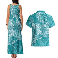 Teal Polynesia Hammerhead Shark Tattoo With Plumeria Lei Couples Matching Tank Maxi Dress and Hawaiian Shirt