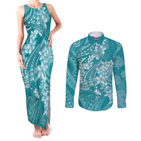 Teal Polynesia Hammerhead Shark Tattoo With Plumeria Lei Couples Matching Tank Maxi Dress and Long Sleeve Button Shirt