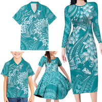 Teal Polynesia Hammerhead Shark Tattoo With Plumeria Lei Family Matching Long Sleeve Bodycon Dress and Hawaiian Shirt