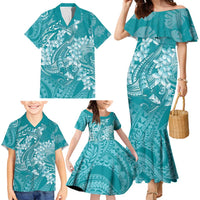 Teal Polynesia Hammerhead Shark Tattoo With Plumeria Lei Family Matching Mermaid Dress and Hawaiian Shirt