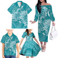 Teal Polynesia Hammerhead Shark Tattoo With Plumeria Lei Family Matching Off The Shoulder Long Sleeve Dress and Hawaiian Shirt