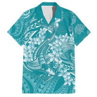 Teal Polynesia Hammerhead Shark Tattoo With Plumeria Lei Family Matching Off The Shoulder Long Sleeve Dress and Hawaiian Shirt