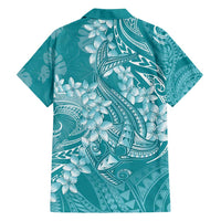 Teal Polynesia Hammerhead Shark Tattoo With Plumeria Lei Family Matching Off Shoulder Maxi Dress and Hawaiian Shirt