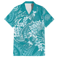 Teal Polynesia Hammerhead Shark Tattoo With Plumeria Lei Family Matching Off Shoulder Short Dress and Hawaiian Shirt