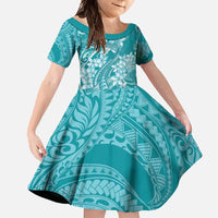 Teal Polynesia Hammerhead Shark Tattoo With Plumeria Lei Family Matching Short Sleeve Bodycon Dress and Hawaiian Shirt