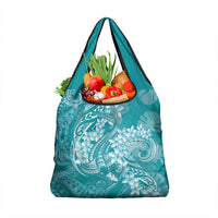 Teal Polynesia Hammerhead Shark Tattoo With Plumeria Lei Grocery Bag