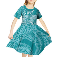 Teal Polynesia Hammerhead Shark Tattoo With Plumeria Lei Kid Short Sleeve Dress