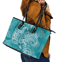 Teal Polynesia Hammerhead Shark Tattoo With Plumeria Lei Leather Tote Bag LT14 - Polynesian Pride