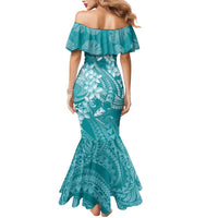 Teal Polynesia Hammerhead Shark Tattoo With Plumeria Lei Mermaid Dress LT14 - Polynesian Pride