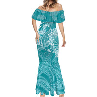 Teal Polynesia Hammerhead Shark Tattoo With Plumeria Lei Mermaid Dress LT14 - Polynesian Pride