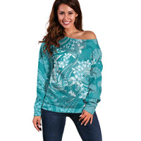 Teal Polynesia Hammerhead Shark Tattoo With Plumeria Lei Off Shoulder Sweater LT14 Women Teal - Polynesian Pride