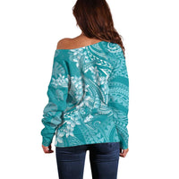 Teal Polynesia Hammerhead Shark Tattoo With Plumeria Lei Off Shoulder Sweater LT14 - Polynesian Pride
