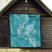 Teal Polynesia Hammerhead Shark Tattoo With Plumeria Lei Quilt