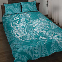 Teal Polynesia Hammerhead Shark Tattoo With Plumeria Lei Quilt Bed Set