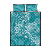 Teal Polynesia Hammerhead Shark Tattoo With Plumeria Lei Quilt Bed Set