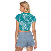 Teal Polynesia Hammerhead Shark Tattoo With Plumeria Lei Raglan Cropped T Shirt