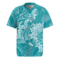 Teal Polynesia Hammerhead Shark Tattoo With Plumeria Lei Rugby Jersey