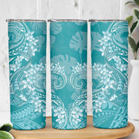 Teal Polynesia Hammerhead Shark Tattoo With Plumeria Lei Skinny Tumbler LT14 - Polynesian Pride