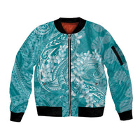 Teal Polynesia Hammerhead Shark Tattoo With Plumeria Lei Sleeve Zip Bomber Jacket