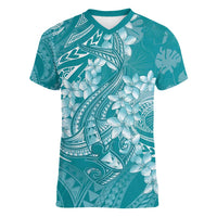 Teal Polynesia Hammerhead Shark Tattoo With Plumeria Lei Women V-Neck T-Shirt LT14 Female Teal - Polynesian Pride