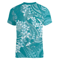Teal Polynesia Hammerhead Shark Tattoo With Plumeria Lei Women V-Neck T-Shirt LT14 - Polynesian Pride