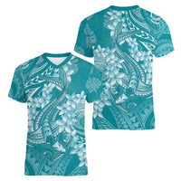 Teal Polynesia Hammerhead Shark Tattoo With Plumeria Lei Women V-Neck T-Shirt LT14 - Polynesian Pride