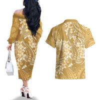 Yellow Polynesia Hammerhead Shark Tattoo With Plumeria Lei Couples Matching Off The Shoulder Long Sleeve Dress and Hawaiian Shirt