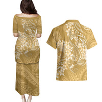 Yellow Polynesia Hammerhead Shark Tattoo With Plumeria Lei Couples Matching Puletasi and Hawaiian Shirt